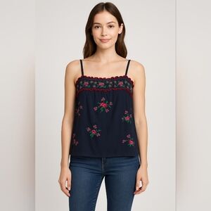 Sanctuary Embroidered Floral Navy Cami Tank Top | Size Small